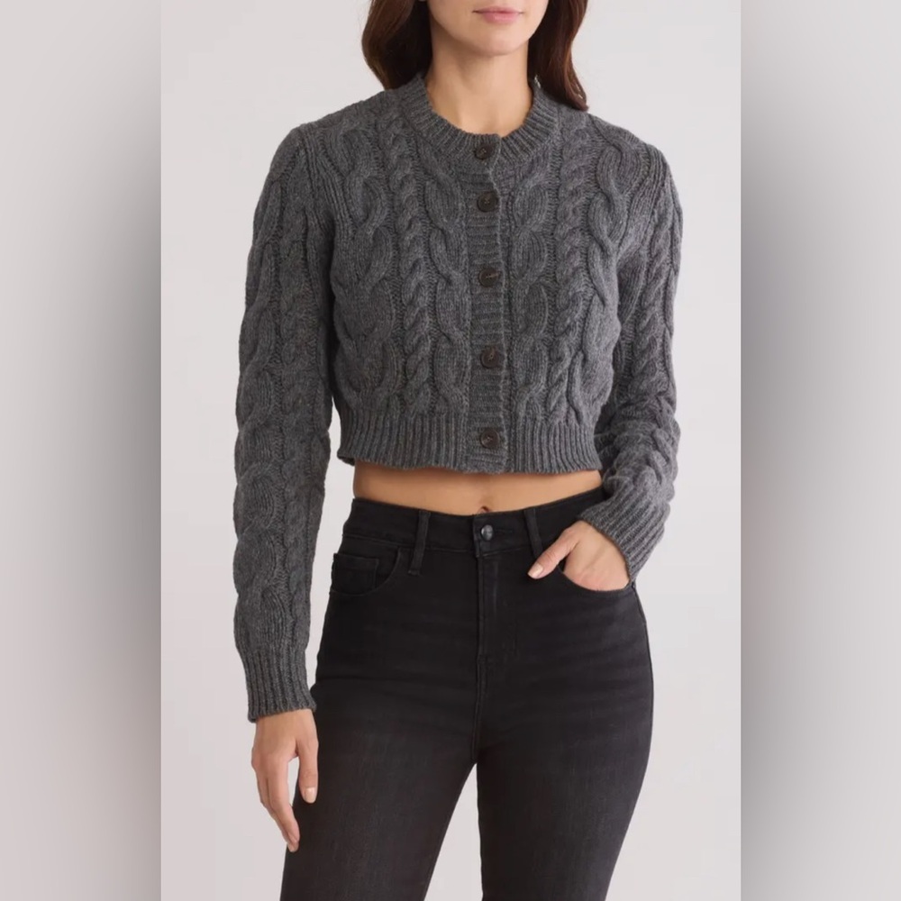 FRAME Cable Knit Merino Wool Crop Cardigan